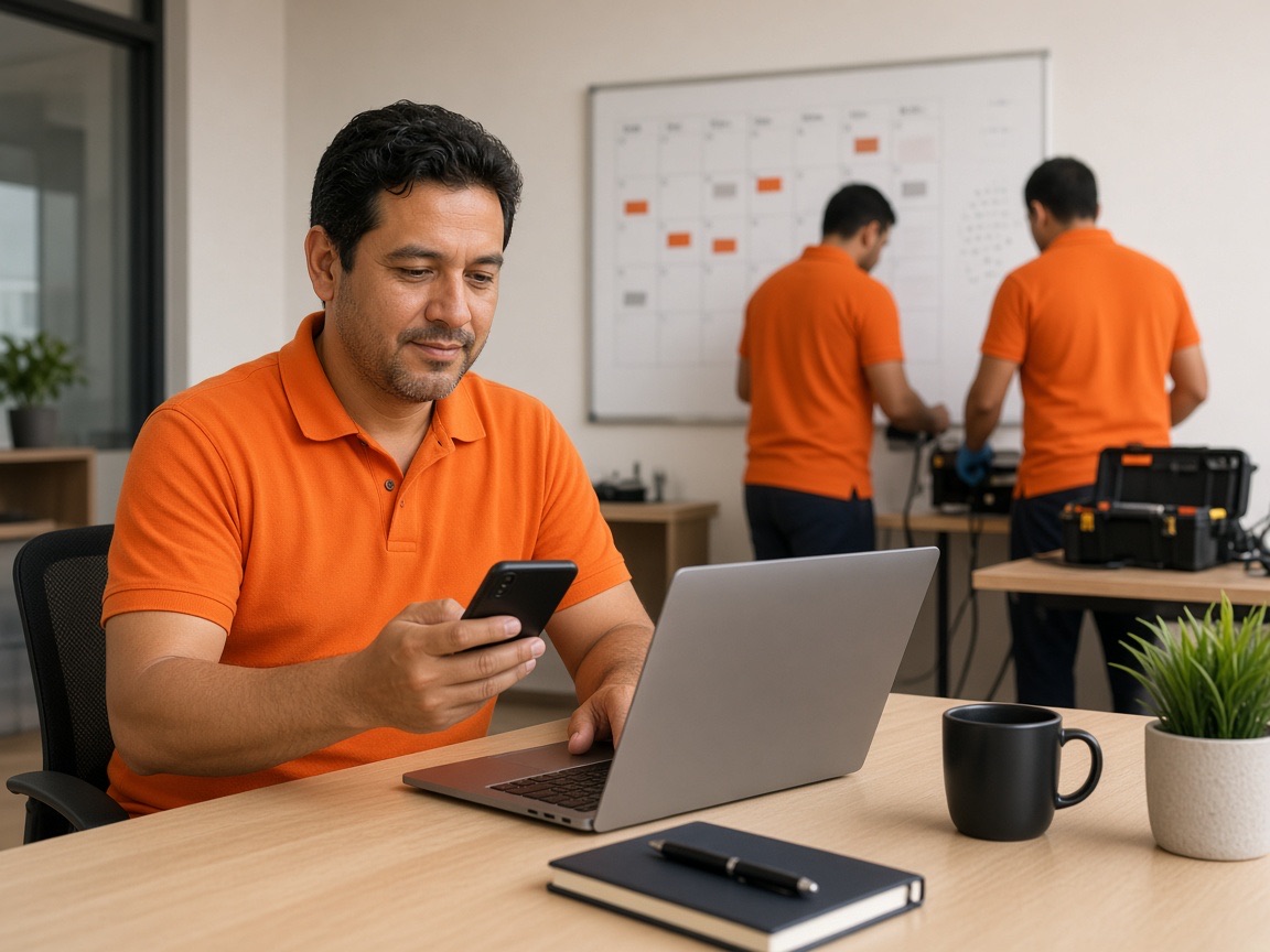 Coordinador de una sede Tilín revisando órdenes en su laptop